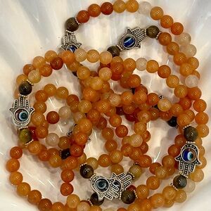 Tiger Eye & Glass Beaded Bracelets With Hamsa & Evil Eye Charm NWOT